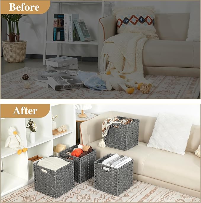 DULLEMELO Wicker Storage Baskets for Shelves, Plastic Woven Cube Storage Bins Set of 4, 11x11x11 inch Foldable Wicker Baskets for Shelves,Closet, Clothes, Toys-Grey