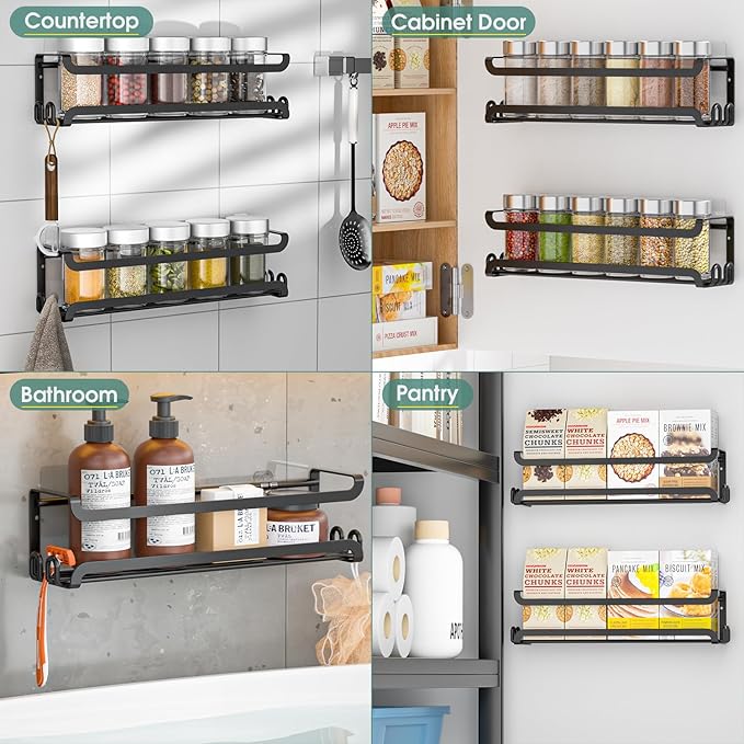 LUCYCAZ 4 Pack Wall Mounted Spice Rack with 16 Hooks, Spice Organizer Shelf for Stove Cabinet Pantry Door,Screw or Adhesive Spice Shelf Hanging Wall Spice Rack in Kitchen and RV (Black, 4 PACK)