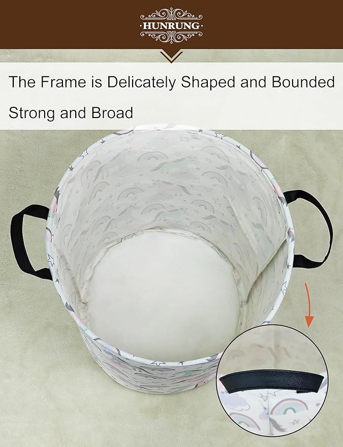 HUNRUNG Laundry Hamper,Large Canvas Fabric Lightweight Storage Basket Toy Organizer Dirty Clothes Collapsible Waterproof for College Dormsï¼Round-Star Unicornï¼