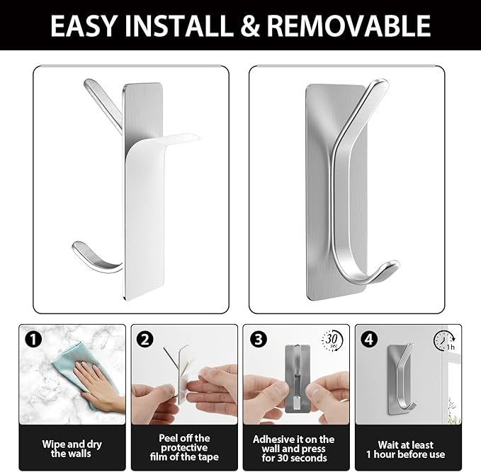 Adhesive Wall Hook for Towel, Coat, Extra Sticky 8LB Stainless Hook, Stick on Hanger for Bath or Shower, Silver 4-Pack