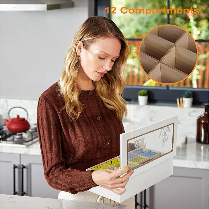 handrong Tea Box,Wood Tea Organizers and Storage,12 Compartments Teas Storage, Rustic Teabag Holder Organizer, Teas organizer for tea bags for Countertop Kitchen Cabinet Pantry
