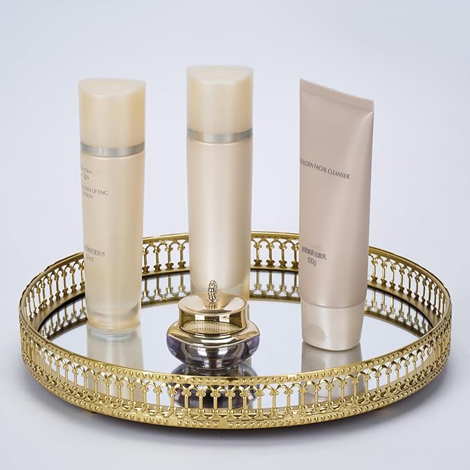 Gold Mirrored Vanity Tray for Bathroom Counter,Metal Decorative Jewelry Storage Tray Cosmetic Perfume Organizer for Dresser,Bedroom,Home Decor,Suit for Candle Holder,Coffee Table Centerpiece,L