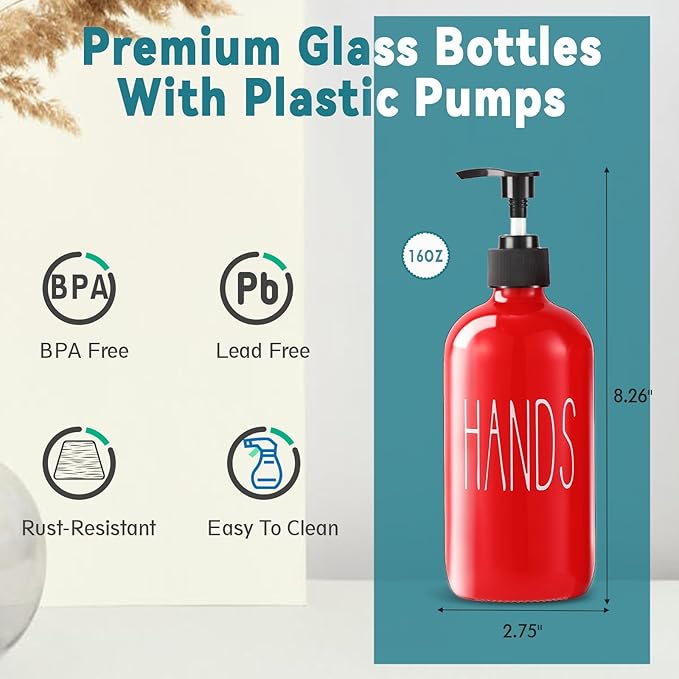 Glass Soap Dispenser Set 2 Pack,16 Oz Dish Soap Dispenser for Kitchen Sink,Red Kitchen Accessories and Kitchen Decor,Red Decorations and Kitchen Utensils for Kitchen