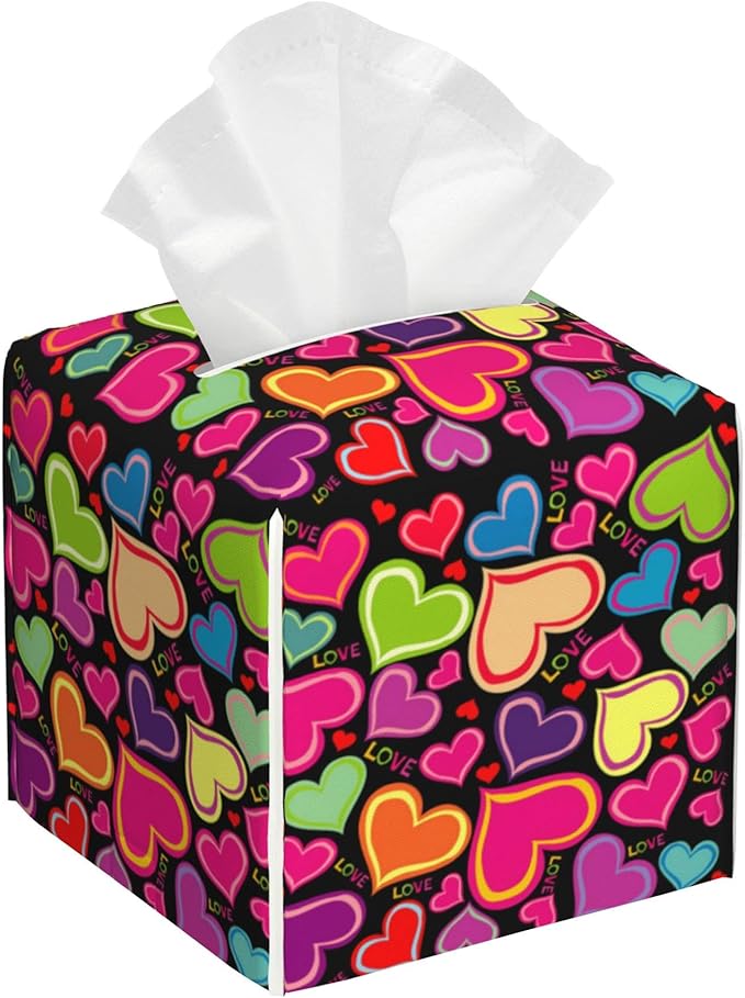 Rainbow Hearts Tissue Box Cover Square,Tissue Box Holder with Belt Bottom,Stylish Leather Napkin Holder for Vanity Countertop,Nightstands,Office Desk,5.2"Ã5.2"Ã5.2"