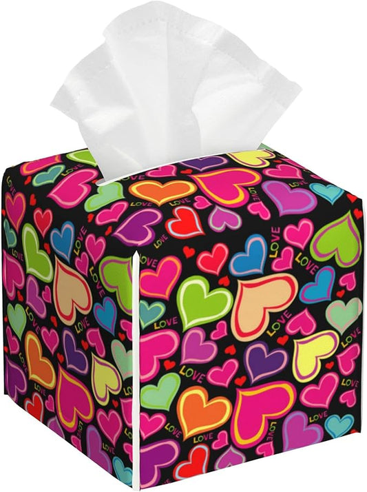 Rainbow Hearts Tissue Box Cover Square,Tissue Box Holder with Belt Bottom,Stylish Leather Napkin Holder for Vanity Countertop,Nightstands,Office Desk,5.2"Ã5.2"Ã5.2"