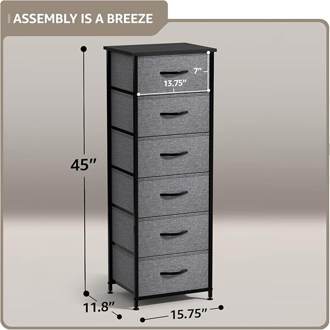 Sorbus Fabric Dresser for Kids Bedroom - Chest of 6 Drawers, Tall Storage Tower, Clothing Organizer, for Closet, for Playroom, for Nursery, Steel Frame, Fabric Bins - Wood Handle (Greige)