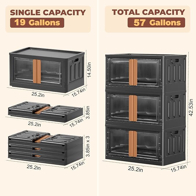 FAHKNS 3 Pack 19 Gallon Collapsible Storage Boxes, Lidded Storage Box with Door and Wheels for Clothes, Tools, Office Supplies, Large Folding Storage Box for Home, Black