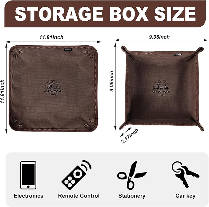 Portable Collapsible Canvas Storage Tray, 12x12 Inch, Multi-Functional Organizer for Home, Travel, Camping, Vanity, Kitchen, Outdoor Picnics (Brown)