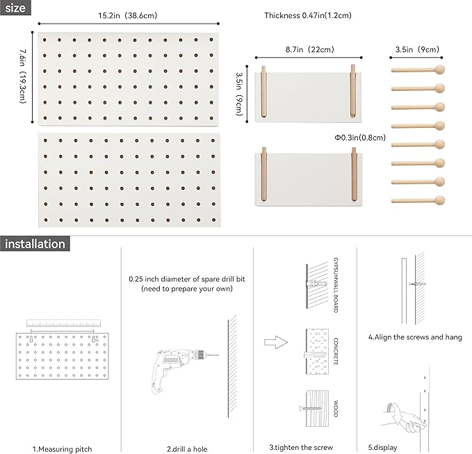 Wooden Pegboard Accessories Set: Modular Wall Hooks & Shelf for Garage, Office & Home Organization(White Colored Finish-B)
