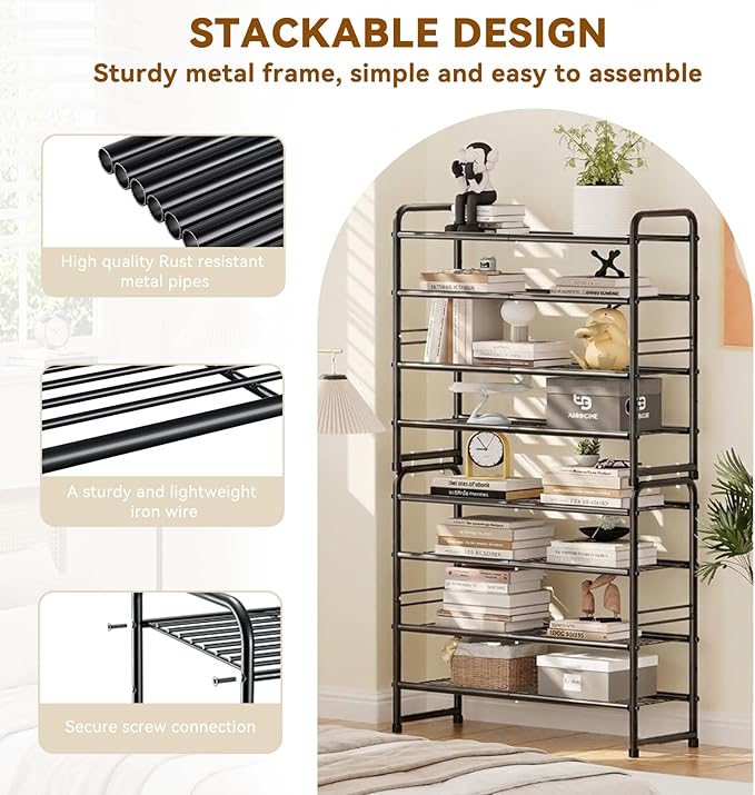 4 Tier Shoe Rack, 32.5" Wide Stackable Sturdy Metal Shoe Shelf Storage Organizer with Height-Adjustable for Entryway, Closet, Black