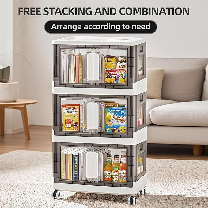 Folding Storage Organizer with Silent casters | Stackable Design for Home & Office, Heavy-Duty Plastic Storage Bin with Clear Door, 3 Sizes (19.5/23.5/27.5in),Black/White (19.7" 2 layer, White)