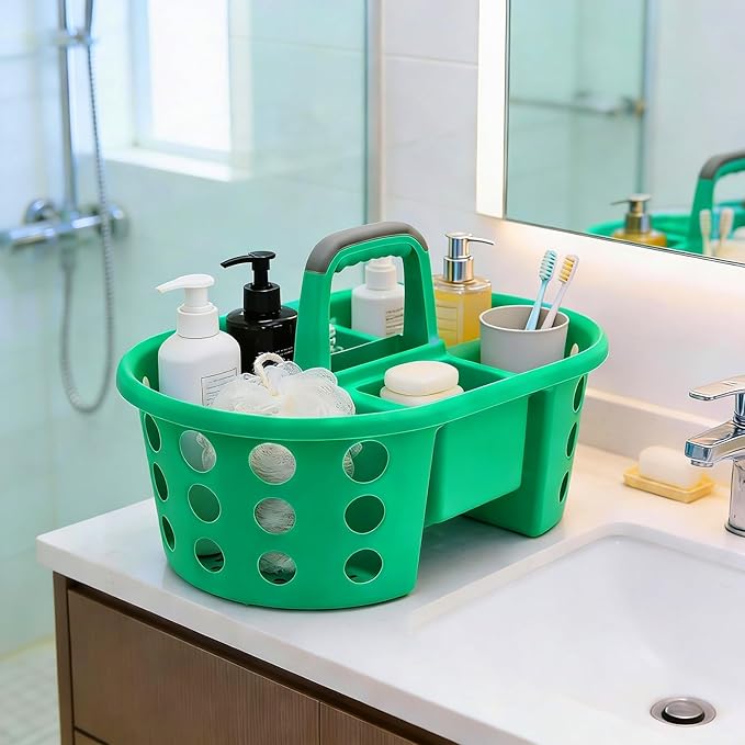 Large Shower Caddy Portable 2PC - Made in USA Plastic Jumbo Size Dorm Storage Candy Tote with Handle Shower Organizer for Bathroom, Pantry, Kitchen, College Dorm, Green/Periwinkle