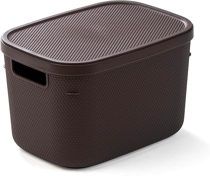 BINO | Plastic Storage Bins with Lids, 5.5 Liter - 3 Pack, Dark Brown | THE TWILL COLLECTION | Plastic Bins for Organization | Woven Storage Baskets for Organizing | Pantry Shelf Organizer Basket Bin
