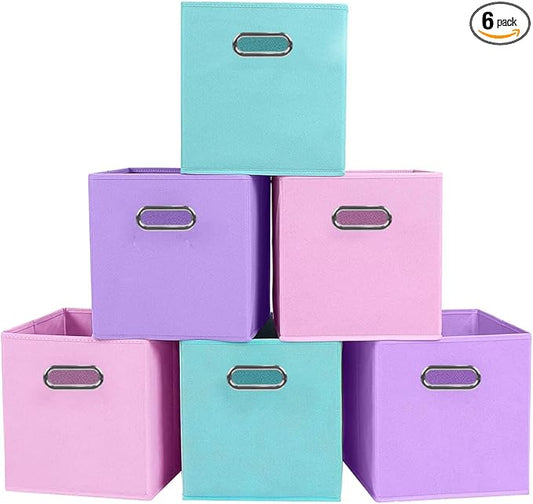 ShellKingdom Storage Bins, Foldable Fabric Storage Cubes And Cloth Storage Organizer Drawer with Metal Handle For Closet And Toys Storage, 11 X 10.5 X 10.5 INCH, 6 Pack (Lavender+Light Blue+Pink)