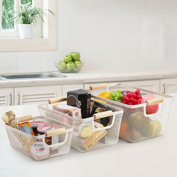 3 Pack Metal Mesh Baskets with Wood Handle, Iron Storage Organizer Basket, Cream White Wire Countertop Baskets for Organizing, Cabinet Pantry Closet Bedroom Kitchen(3 Size)