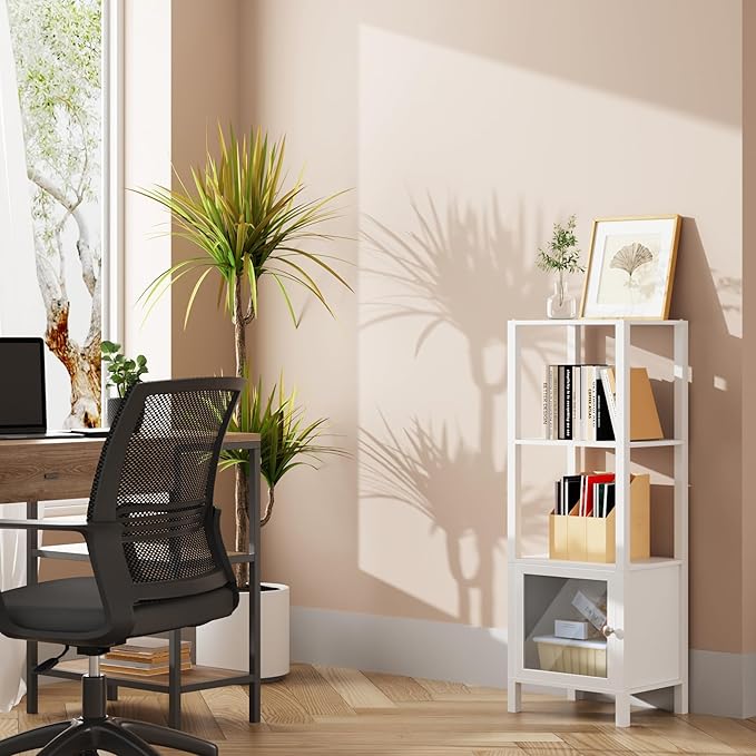 TUTOTAK 4 Tier Bookcase and Bookshelf, Narrow Book Shelf with Door for Small Space, for Living Room, Office, Study, Entryway, White BS03BW004