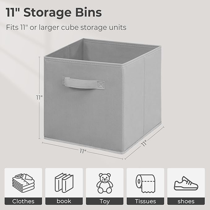 11 Inch Fabric Storage Cubes, Sturdy Foldable Storage Bins, Heavy Duty Cube Organizer for Clothes, Blankets, Shelves, Closets, Bedroom, Living Room, Gray, 7 Pack