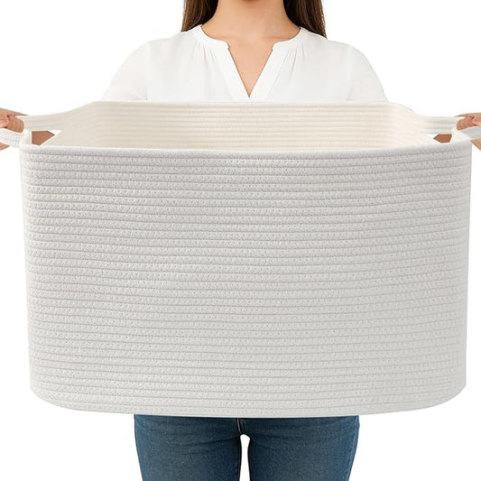 Magazine & Newspaper Baskets,Large Woven Rope Blanket Basket,24"x16"x15"Storage Bin with Handle,Toys Storage,Laundry Basket for Home Organization/Living Room/Nursery/Bedroom,White
