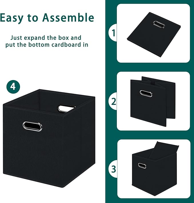 Black Foldable Storage Cubes Bins, Fabric Storage Box Cubes Organizer Baskets with Dual Handles for Home Organizer,Set of 6,(Black)