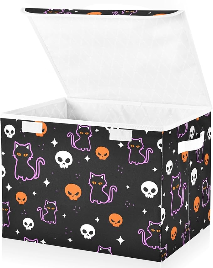senya Halloween Storage Baskets Collapsible Storage Bins with Lids, Halloween Colored Skulls Black Cat Storage Boxes Clothes Baskets for Organizing
