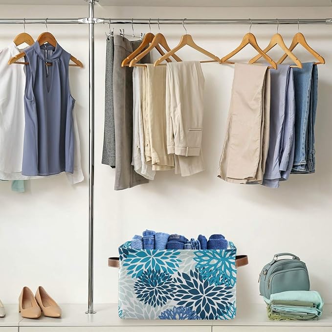 susiyo Large Foldable Storage Bin Blue Navy Chrysanthemum Flowers Fabric Storage Baskets Collapsible Decorative Baskets Organizing Basket Bin with PU Handles for Shelves Home Closet Bedroom-2Pack