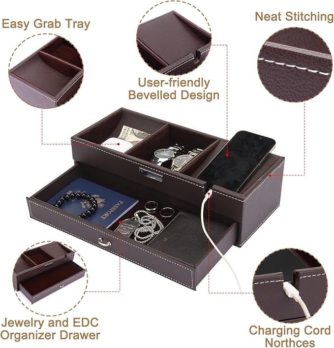 Baoyun Mens Valet Tray, Nightstand Organizers for Men, Leather Jewelry Storage Box Bedside Table Organizer EDC Catch All for Jewelry Key Wallet and Phone