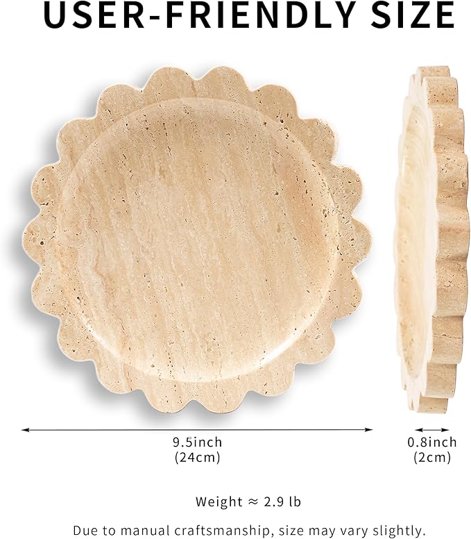 Travertine Scalloped Marble Tray - 9.9 Inch Round Stone Decorative Perfume Trinket Jewelry Dish, Catchall Organizer for Bathroom Vanity Dresser Kitchen Countertop Home Decor