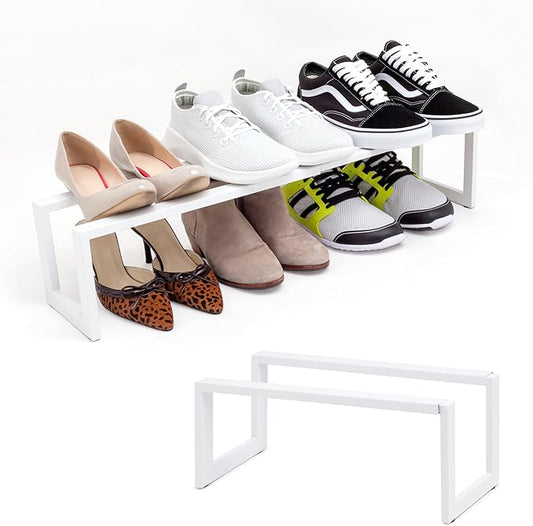 QUALIAZERO Expandable Shoe Rack Organizer for Closets, Entryways, Hallways, Bedrooms, Living Rooms, Kitchens, Bathrooms, Laundry Rooms (Satin Snow, 2 Pack)