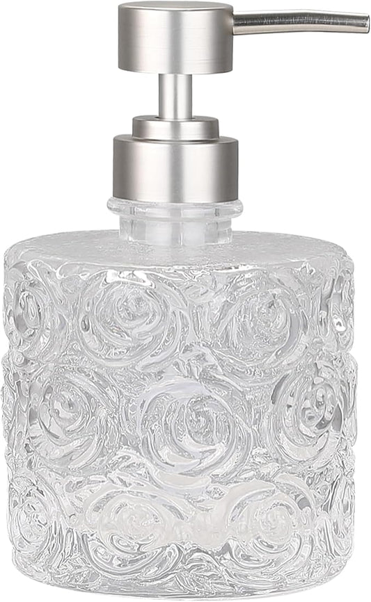 Marcella Glass Soap Dispenser with Soap Pump, Refillable 14 Ounce Capacity, Floral Design Rose Patterns, Heavy Weight Thick Glass for Bathroom, Premium Kitchen Soap Dispenser Clear