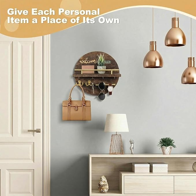 Key Holder for Wall, Key and Mail Holder Organizer with - Key Holder Wall Mount - Round Wooden Rustic Home Decor for Entryway, Mudroom, Hallway, Kitchen Office (Brown&Gold)