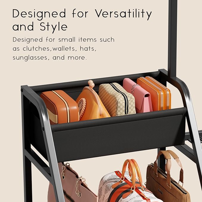 Purse Organizer for Women - 3-Tier Storage Stand & 12 Fixed Hooks, Visible Backpack Storage, Space-Saving Bag Organizer Rack for Home, Closet, Black