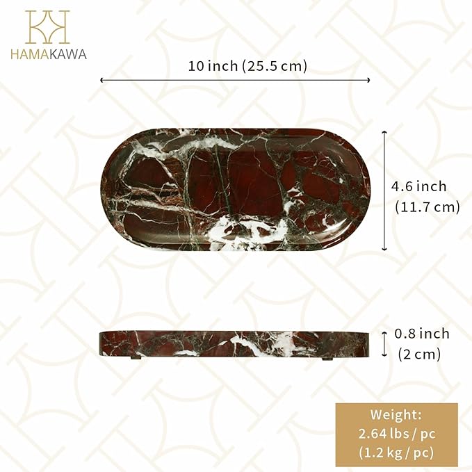 Bathroom Vanity Tray, Natural Marble Oval Tray 10 inch, Rosso Levanto Marble Vanity Tray for Soap Dispenser Modern Countertop Organizer for Kitchen Countertops, Home Decor