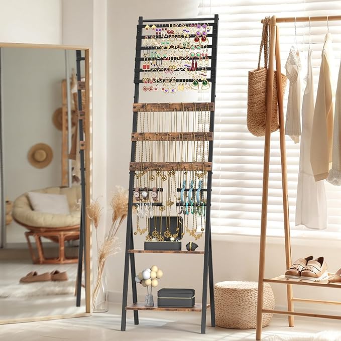 Jewelry Stand Floor Standing Jewelry Holder Organizer Jewelry Organizer Stand with Necklace Holder Earring Organizer Freestanding Jewelry Armoire for Watches, Rings, Bangle