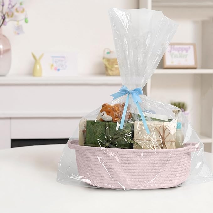 Pink Small Woven Basket, 13â x 9â x 5â Baskets for Gifts Empty, Cotton Rope Gift Basket, Cute Nursery Baby Organizer, Cat Dog Toy Bin Box, Wicker Storage Bin with Handle