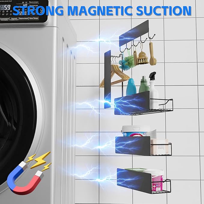 Magnetic Laundry Shelf Organizer, 5 Pack Magnetic Shelves for Washing Machine with Hooks, Heavy Duty Magnetic Storage Rack for Washer, Dryer, Refrigerator, Kitchen, Pantry & Laundry (Grey)