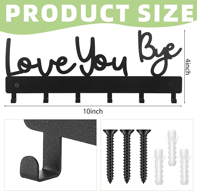 Key Holder Wall Mount Love You Bye Key Holder Hook Rack Organizer Hanger with 6 Hooks for Wall Express Love Art Sign Decor for Entryway Front Door(Hook Style,10 x 4)