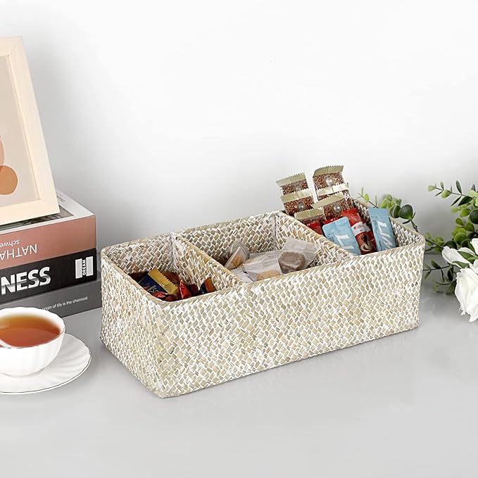 Hipiwe Seagrass Storage Basket Bin- 3 Sections Hand-Woven Toilet Basket Wicker Shelf Basket Bathroom Organizer Bins for Shelves, Kitchen, Pantry, Closets, Toilet Paper Tissue Organizer