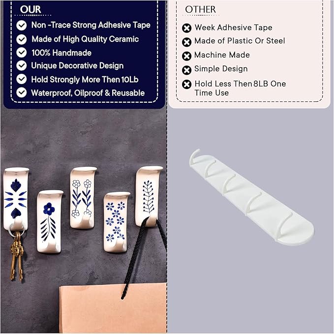 Indian Shelf Boho Ceramic Adhesive Wall Hooks - Damage-Free Decorative Blue Pottery Hangers for Keys & Towels, Renter-Friendly Stick-On Home Décor - 3 Hooks with 6 Strips(Style 7)