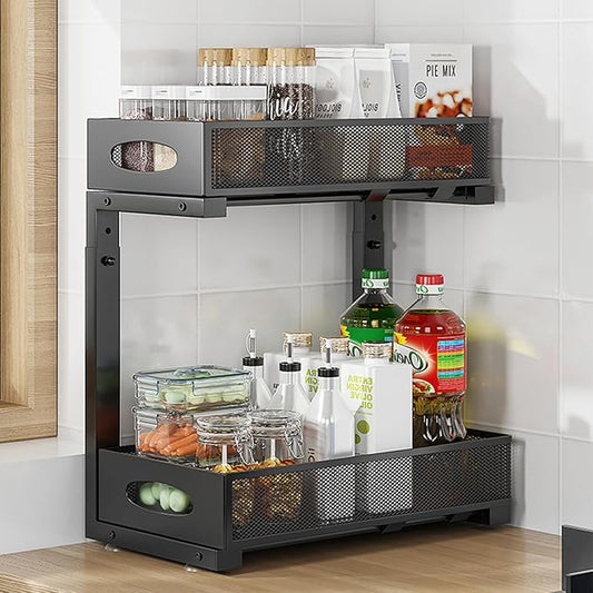 1Pack Under Sink Organizer 2 Tier Kitchen Spice racks and Storage – Pull Out Cabinet Organizer for Cleaning Products, Pantry Organization (Black)