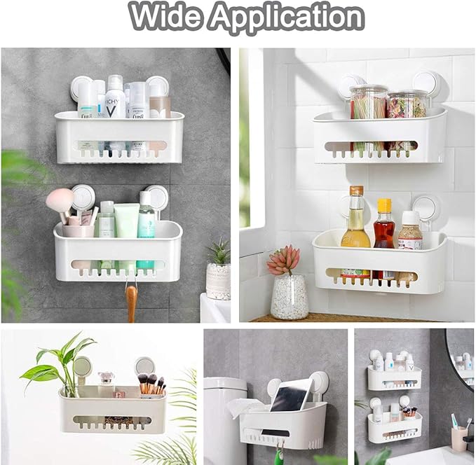 Double Plastic Shower Caddy Suction Cup Shower Organizer Basket Bath Shelf, Strong Suction Power Bathroom Caddies with Fence Hooks, Kitchen Rack, Waterproof, Reusable, for Shampoo, Gel