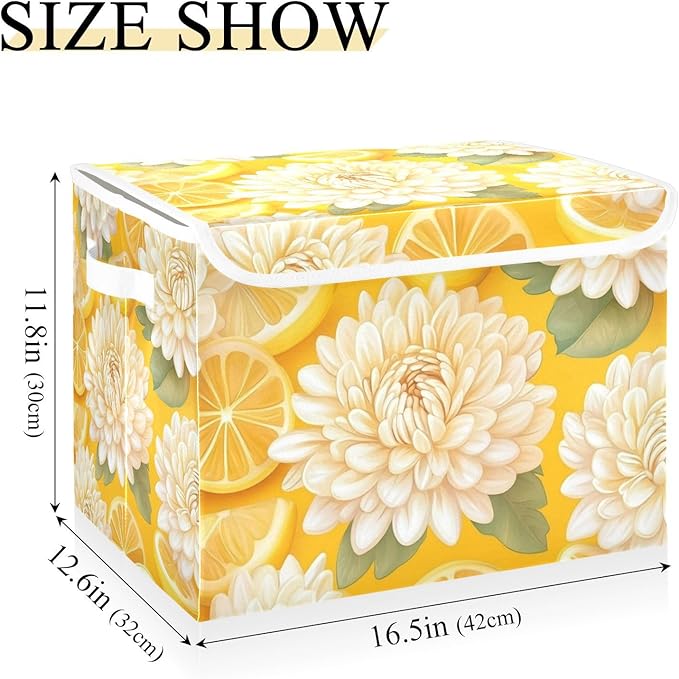 Yellow Chrysanthemum Flowers and Lemon Slices Collapsible Storage Bins with Lids Decorative Fabric Cubes Closet Organizer Basket Boxes Containers for Clothes Box Chest Nursery Foldin