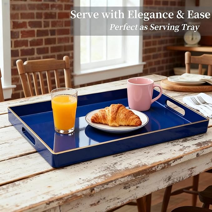 Zosenley Decorative Tray, Rectangular Plastic Tray with Handles, Modern Vanity Tray and Serving Tray for Bathroom, Kitchen, Ottoman and Coffee Table, 15.6â x 10.2â (Drak Blue)