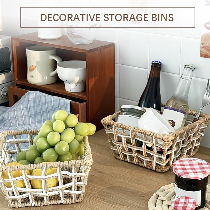 Woven Storage Basket, Rustic Farmhouse Decor, Multi-Purpose Organizer Bin, Countertop & Toilet Tank Basket for Home, Bedroom, Living Room, Entryway (Brown and White)