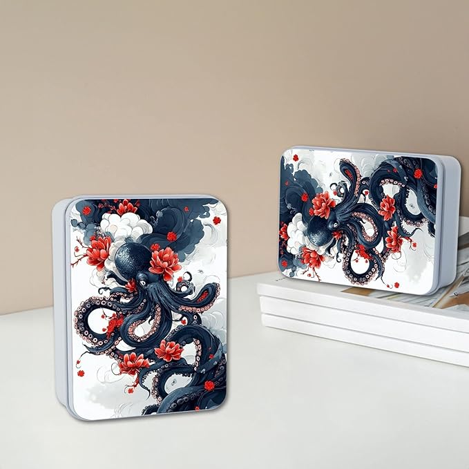 Metal Tin Box with Lid,Multi-functional Storage Large Box Can Store Tea Biscuits Game Cards, Playing & Tarot Cards-Comes with 4 Magnetic Cord Clips,Octopus with Red Flowers