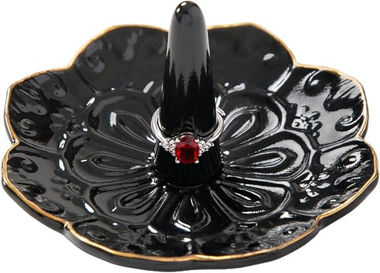 HOMEGOAL Ceramic Ring Holder Dish for Jewelry, Decorative Mandala Jewelry Tray for Rings Earrings Necklaces Watch Keys, Aesthetic Room Decor, Birthday Engagement Wedding Gifts for Women (Black)