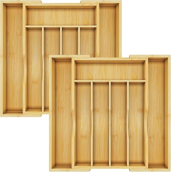 Bamboo Utensil Organizer for Kitchen Drawers, Utensil Tray and Cutlery Silverware Holder,Wood Drawer Dividers with 7 Slots（2 pack）