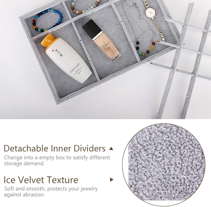 Emibele Jewelry Organizer, 24 Grids Necklace Pendant Organizer Watch Storage Rings Earrings Bracelet Organizer Tray Showcase Display Velvet Stackable Jewelry Storage - Grey