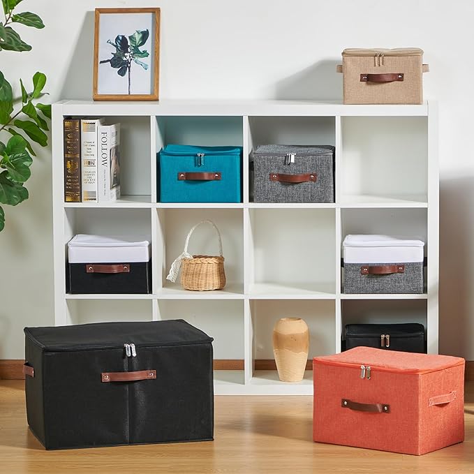 4 Pack Storage Bins with Zipper Lid Cotton Linen Fabric Lidded Storage Baskets Boxes Foldable Washable Closet Shelf Clothes Organizer Container with PU Leather Handles (Deep Blue, Large)