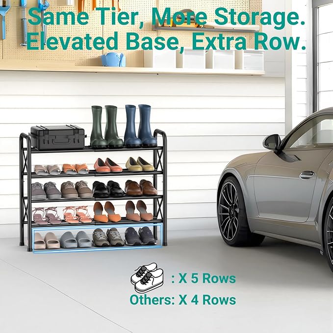 4-Tier Expandable Shoe Rack for Closet Floor, X-Frame Metal Small Shoe Rack for Entryway, Adjustable Shoe Shelf Organizer, Free Standing Shoe Racks for Front Door Entrance, Garage - Black