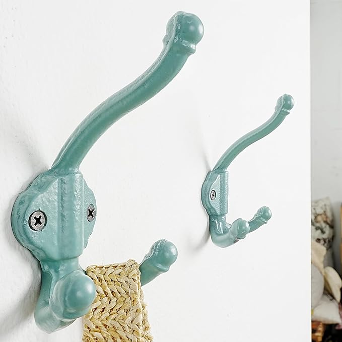 Dseap Cast Iron Wall Hooks L=5”, Heavy Duty Coat Hooks, Rustic Vintage Farmhouse Hook for Hanging Winter Coats Jackets Towels Hats Bags Plants, Mint Green, Pack of 10 (GripBold)